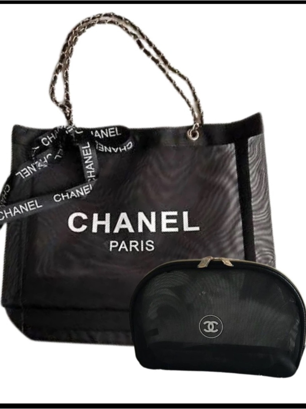 VIP Beauty Black Mesh Beach Tote Bag with Matching Cosmetic Pouch • NWT